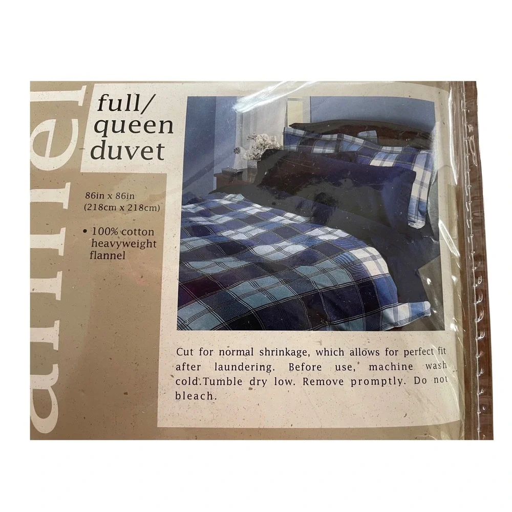 VTG Bed Bath & Beyond Full Queen Duvet Cover Blue Plaid 100% Cotton Flannel86x86